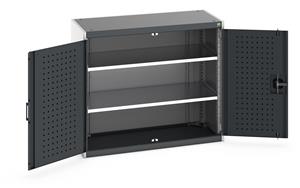 Heavy Duty Bott cubio cupboard with perfo panel lined hinged doors. 1050mm wide x 525mm deep x 900mm high with 2 x100kg capacity shelves.... Bott Tool Storage Cupboards for workshops with Shelves and or Perfo Doors